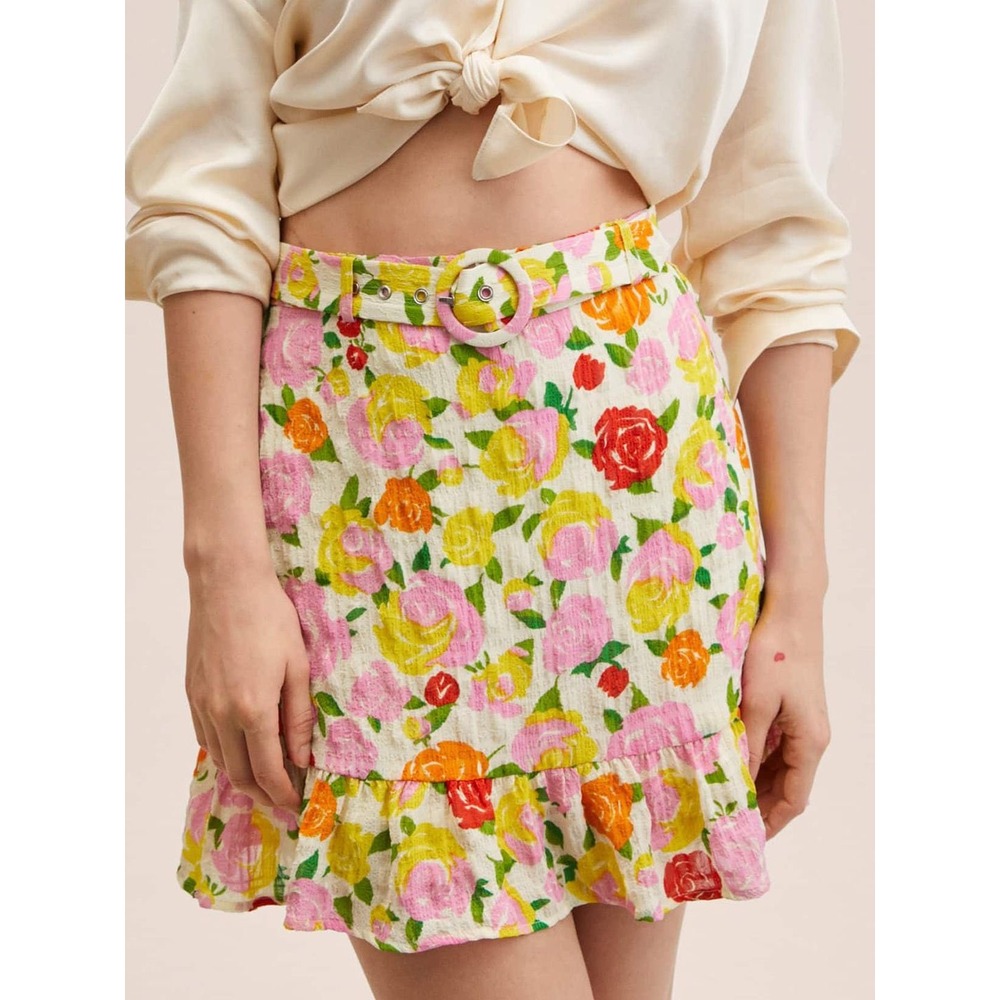 Mango Mini Skirt Floral Ruffle Belted Size L Multicolor Women NWT